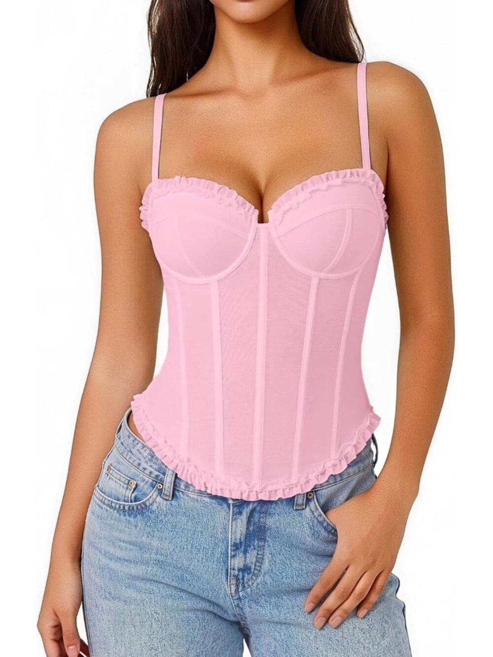 Women's Pink Rows Hooks Adjustable Straps V Neck Bustier Underwire Corset Top